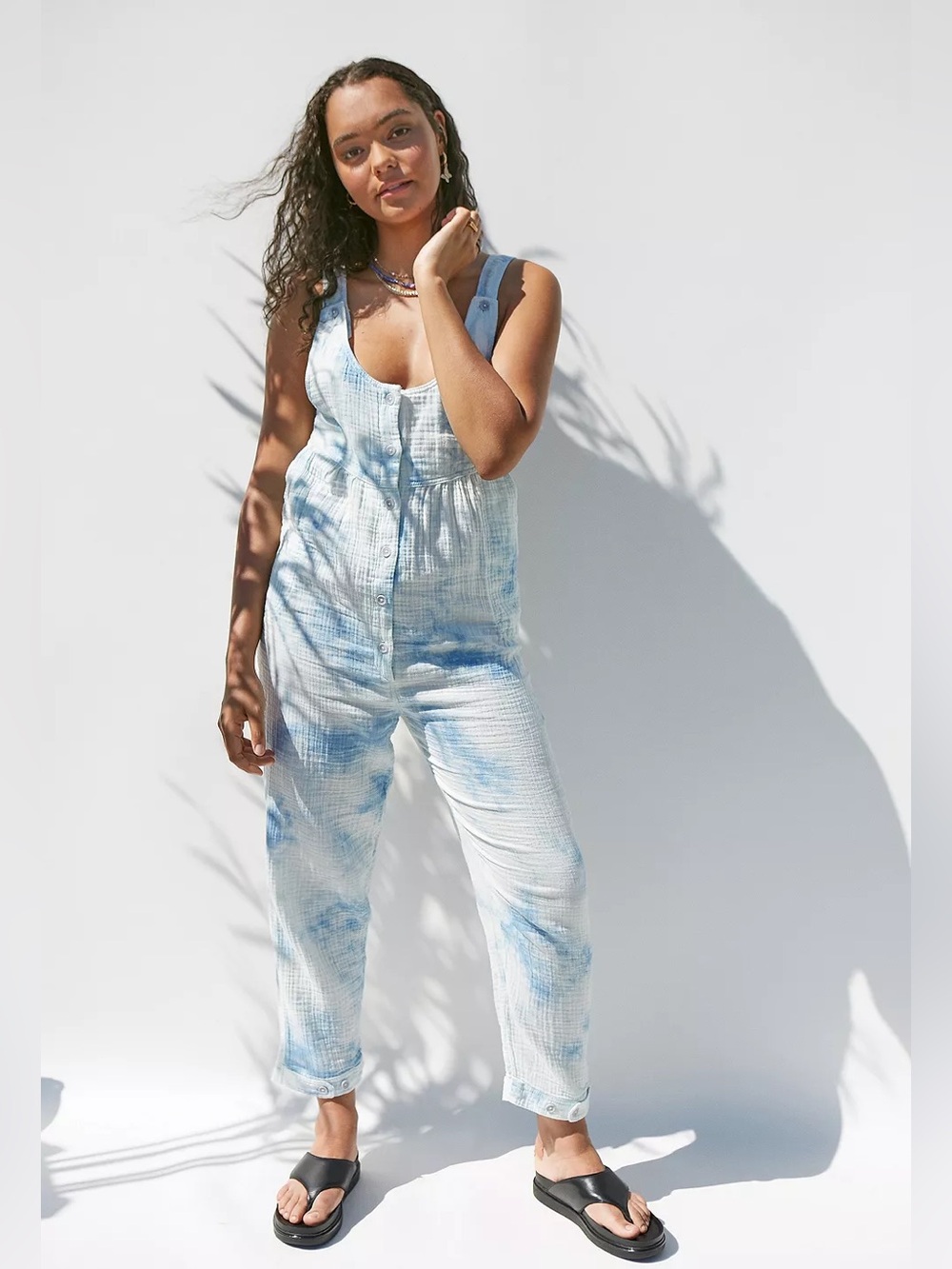 Urban Outfitters Mya Blue Stripe Cotton Muslin Button-Through Jumpsuit